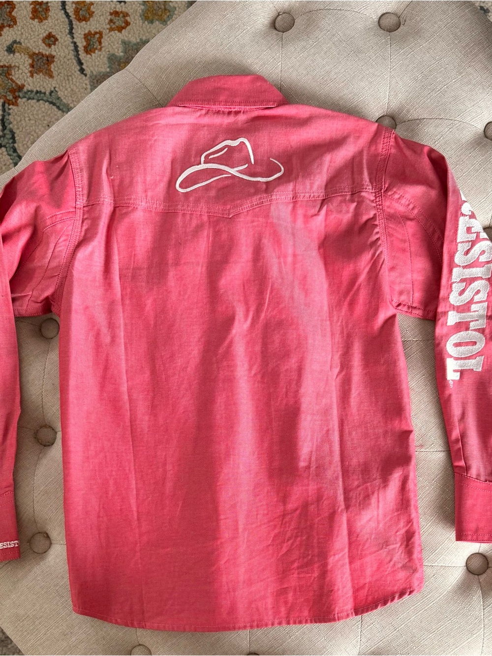 Kids' Coral Pink Button-Down Shirt with White Western Graphic